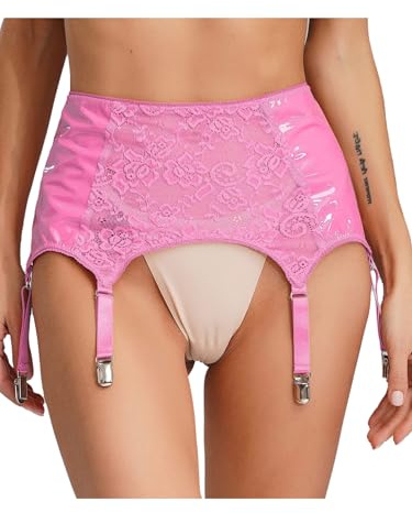 Freebily Damen Strapsgürtel Leder Spitze Mit 6 Halter Strumpfhalter Verstellbaren Straps Metallclips Breit Hüfthalter Dessous Rosa XXL