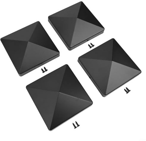 Kunststoff-Zaunpfostenkappe für 10,2 x 10,2 cm Pfosten, schwarzes Pyramiden-Design, vorgebohrte Löcher, robuster Schutz, Gartenzaunzubehör (4 Stück)