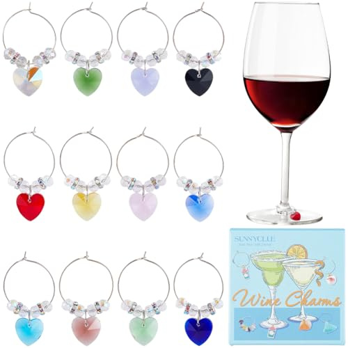 SUNNYCLUE 12 Colors Heart Wine Glass Charms Glass Stem Charms Bulk Muti Color Crystal Marker Labels Rings Drink Tags Identify Wine Labels for Party Favors Supplies Valentines Christmas Decor Adult