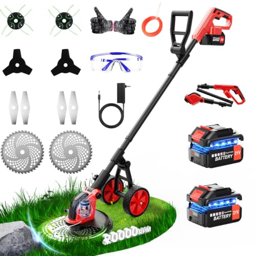 12 pollice Decespugliatore a Batteria, 850W Tagliabordi Elettrico, 21V con 2 3.0Ah Batterie e 3 Tipi di Lame, Ruote Rimovibili, Decespugliatori da Giardino Altezza Regolabile per Prati, Arbusti
