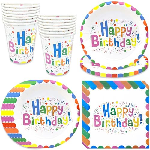pekifaves Set di stoviglie colorate per feste di compleanno, 16 ospiti, set di stoviglie per uomini, donne, bambini, decorazione di compleanno, bianco