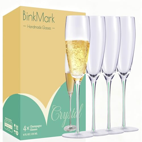 BinkMark Champagne Flutes Set of 4 - Hand Blown Lead-Free Crystal with Mint Green Thread Stem - 8oz Sparkling Wine & Prosecco Glasses for Weddings, Bridal Showers, Anniversaries & Gifts