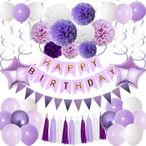 Xietaea Deko Geburtstag Girlande Ballons - Lila Geburtstagsdeko Luftballons Papier Pompons Quasten, Glitzer Wimpel und Hängende Wirbel zum Geburtstagsfeier Dekoration