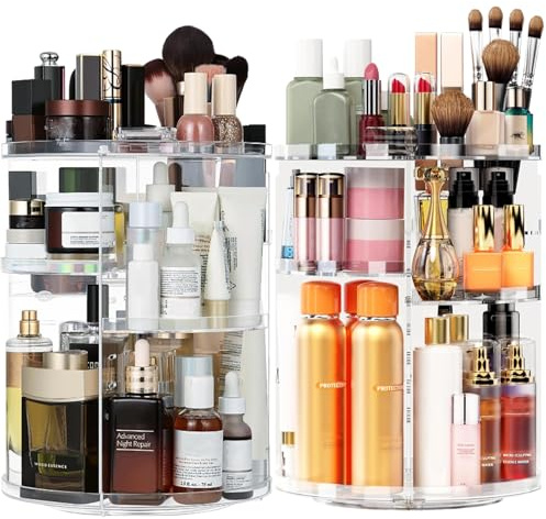 VNIMTI 2 Stück Make Up Organizer, 360° Drehbar Kosmetik Organizer mit 7 Einstellbaren Stufen, Transparent Schminktisch Organizer für Dresser, Schlafzimmer, Badezimmer