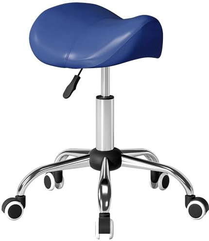 HOMCOM Tabouret à roulettes, Tabouret de Massage avec Hauteur réglable 49-61 cm et Selle Ergonomique, Chaise de Travail à roulettes pivotant 360°, pour Salon de Massage, Tatouage, Clinique, Spa, Bleu