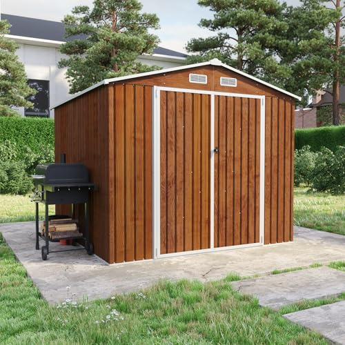 Casetta Da Giardino In Acciaio Zincato 2,56x2,56xh2,16m, 6,55mq, Deposito Attrezzi con Tetto Spiovente, Porta Battente (Effetto Legno)