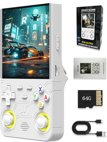 New R36 Ultra Handheld Game Console, 4 IPS Screen Portable Video Game Console , Built in 64G Card & 20000 Games, Linux System Support WiFi Bluetooth (White,64G)