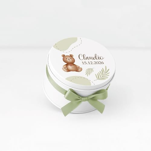 Set 10 Scatoline Portaconfetti Bomboniera, Latta con Tappo Personalizzato, Bomboniera Elegante, Scatola Regalo con Nastro Incluso, 7x7x4.5 cm, per Eventi (Orsetto)
