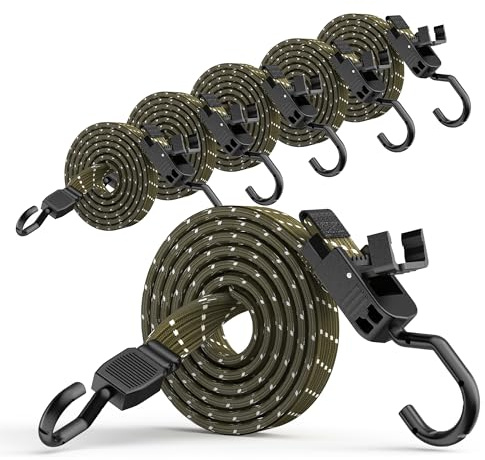 Rugtol Verstellbar Spanngummi mit Haken, 120cm Expander mit Schnellverschluss-Schnalle und Metallhaken 6er Set, Flach Gepäckspanner Olivgrün, Extra Stark Gummispanner für Sonnensegel, Fahrrad, Tarps