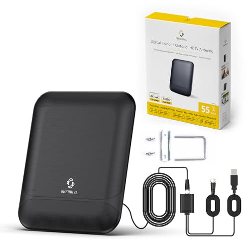 SHERRIVA Digital TV Antenna for Smart TV Indoor & Outdoor, 55 Miles Amplified HDTV Antenna with Signal Booster, Reception for Local Channels TV 8K 4K 1080P HD VHF UHF, with 16ft Coax Cable