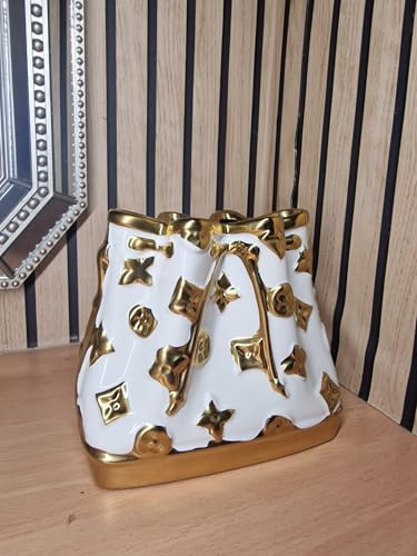 Luxury Ceramic Handbag Vase – Designer Inspired Flower Pot – Modern Decorative Purse Vase for Home Decor, Living Room & Table Centrepiece – Crushed Diamond Style Ornament Gift (White & Golden)