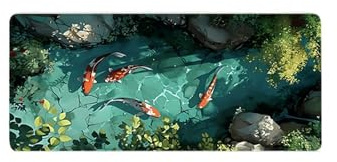 Large Koi Patterned Desk Mat Gaming Mouse Mat With Beautiful Natural Scenery Smooth Surface(900x400x2mm)