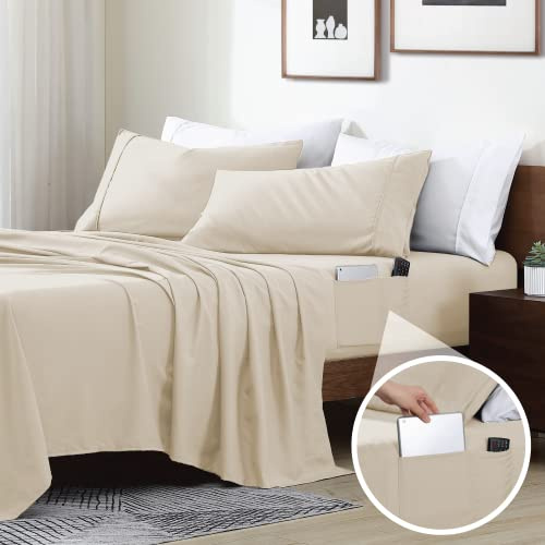 Swift Home Queen Bed Sheet Set with Double Side Pockets, Cream