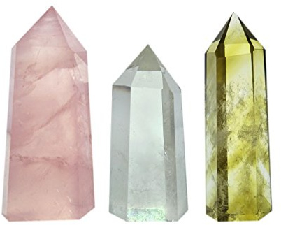 Uppsättning av 3 helande kristallstavar av rosenkvart, klar kvarts och gul kvarts,spetsiga och fasetterade för helande reiki chakra meditationsterapi dekor