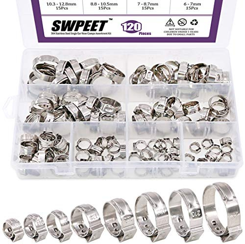 Swpeet 120Pcs 8 Größen 304 Edelstahl einzelne Ohr-Schlauchschellen, Crimp-Schlauchschellen-Sortiment Kit Ohr Cinch Ringe Crimp Pinch Fitting Tools