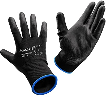 ASPRO 20 Paia di Guanti da Lavoro e da Giardinaggio – rivestimento in poliuretano nylon nero guanti da muratore, giardiniere, meccanico, saldatore, elettricista ecc Taglia 8 (M)