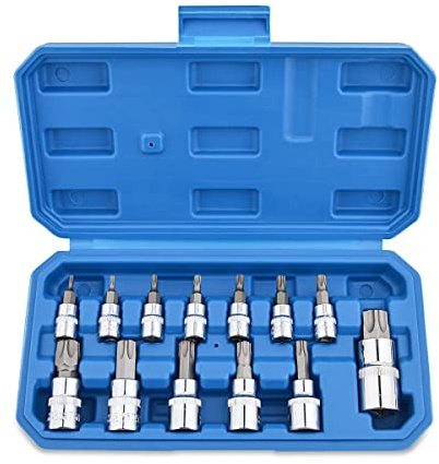 Gunpla 13 Pièces Jeu de Douilles Torx Embouts Tournevis Male Femelle T8 - T70 en Acier Chromé au Vanadium 1/4 3/8 et 1/2 avec Boite pour Stockage