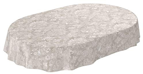 Wachstuchtischdecke abwaschbar Garten Tischdecke Wachstuch Rund Oval Eckig Indoor Outdoor Barock Rankenmuster Hellgrau-Beige Oval 160x140cm