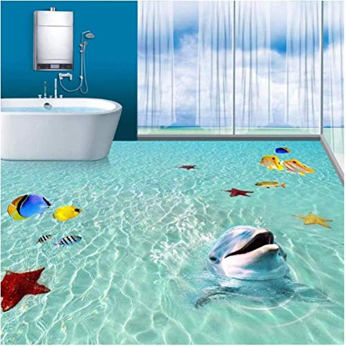 XiuTaiLtd Papier Peint Mural Personnalisé 3D Mer Plage Dauphin 3D Peinture Au Sol Carrelage Autocollants Pvc Auto-Adhésif Étanche Salle De Bain Papier Peint 3D-200x100 CM
