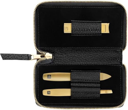 ZWILLING Manikyrset (3 delat, svart etui i äkta läder, vård för händer och fötter, reseset, med nagelsax), Premium, Gold Edition