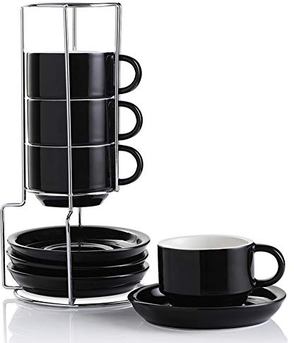 Sweejar Home Porcelain Cappuccino Cups with Saucers and Metal Stand,Stackable Espresso Cups for Specialty Coffee Drinks, Latte, Americano, Tea - Set of 4 (Black, 120ml)