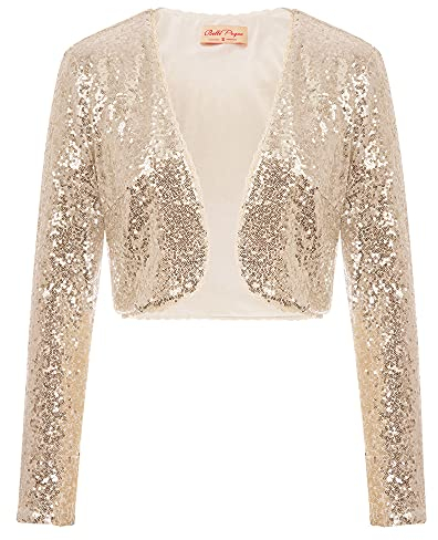 Belle Poque Bolerojacke Damen Champagner Langarm Pailletten Glitzer Schulterjacke Bolero