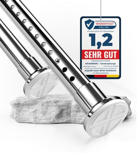 MEISENBERG Spannstange ohne Bohren 110-160cm, Silber, Ø 32 mm, Duschvorhang Stangen - Teleskopstange Vorhang - Klemmstange für Gardinen, Bäder und Balkon