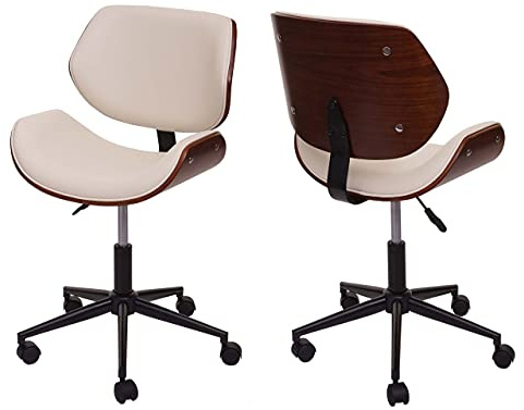Mendler Bürostuhl HWC-G25, Drehstuhl Schreibtischstuhl, Bugholz Walnuss-Optik Retro drehbar höhenverstellbar MVG - Creme