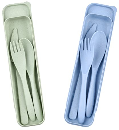 2 juego de cubiertos camping portátil con estuche, cubiertos plastico reutilizables, juego de cucharas cuchillos y tenedores cubiertos para llevar al trabajo, viaje, picnic, escuela (verde+azul)