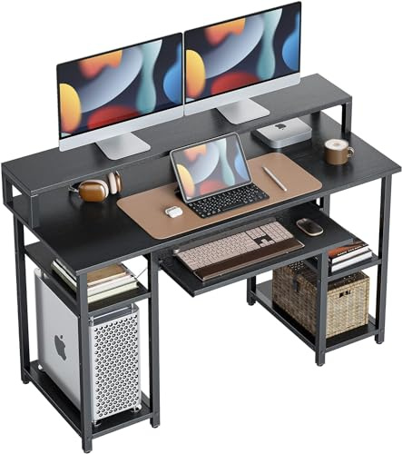 CubiCubi 120x50 cm Computer Desk with Storage Shelves Monitor Stand Keyboard Tray, Home Office Desk, Study Writing Table, Black
