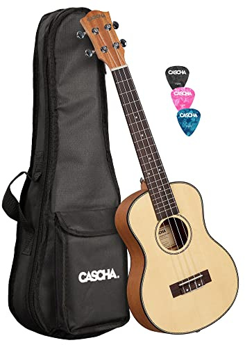 CASCHA Spruce Solid Top Tenor Linkshänder Ukulele Erwachsene & Kinder - inkl. 3 Plektren & gepolsterte Tasche - Fichtenholz-Ukulele für Anfänger & Fortgeschrittene - Aquila Nylon Saiten