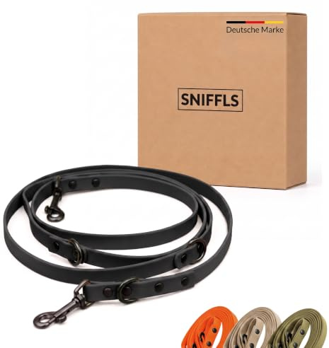 SNIFFLS Hundeleine kleine Hunde 210cm verstellbar - Freihandleine Schwarz | Metallkarabiner bis 312kg Zugkraft, 3 Führlängen, 13mm breit, 150g leicht, Veganer Lederersatz, wetterfest, abspülbar
