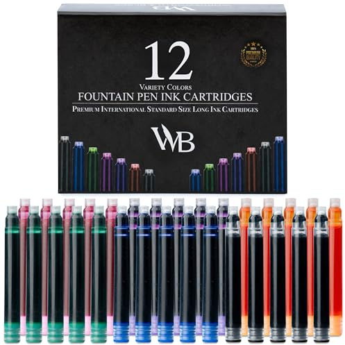 Wordsworth & Black - Pack de 12 cartouches de stylo à encre ; Variété de couleurs - Taille standard internationale ; Longueur env. 5,2 cm - Diamètre du socle env. 0,6 cm - Jetable