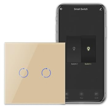 CNBINGO Smart Touch - Interruptor de luz para trabajar con Alexa, Google Assistant, con panel de cristal, doble interruptor de pared, cable neutro, requiere 600 W