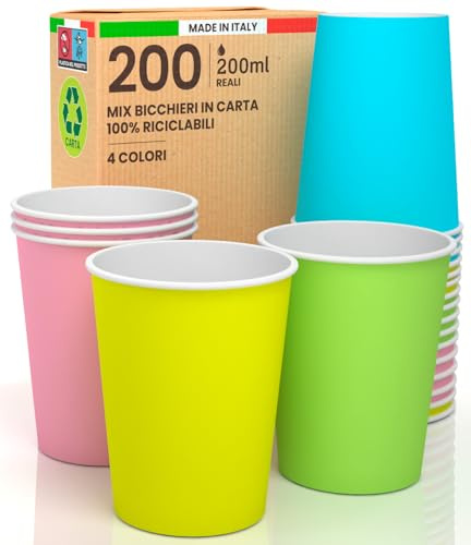 200 Verres en Papier 200ml, Multicolore, Biodégradables, Écologique et Jetables, Résistant à la Chaleur, Carton de Qualité, Idéal pour Toutes Les Boissons Chaudes: Café,Thé,Chocolat