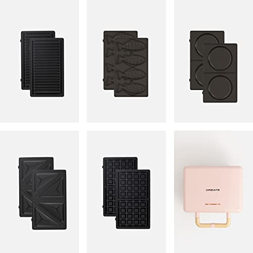 CREATE/STONE STUDIO/Sandwichera-Grill y gofrera doble rosa / 5 placas intercambiables: Grill, Gofre, Sandwich, Taiyaki y Tortitas, antiadherente, apertura 100º, autoapagado, retro, 800W