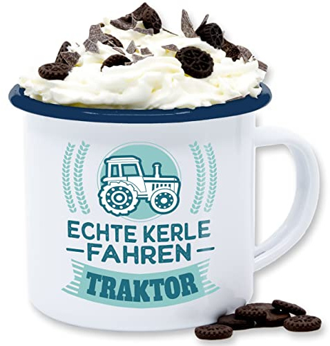 Emaille Tasse Blechtasse - Traktoren - Tassen - Echte Kerle fahren Traktor Geschenk für Landwirte I Bauern Geschenk - 300 ml - Weiß Blau - landwirt trecker kaffeetasse landwirtschaft männer