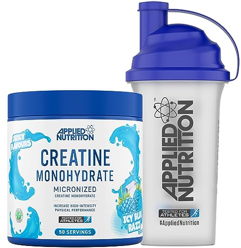 Applied Nutrition Creatine + 700ml Shaker | Creatine Monohydrate Micronized Powder with Flavour, Increases High-Intensity Physical Performance (250g - 50 Servings) (ICY Blue Razz)