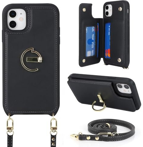 Ｈａｖａｙａ Coque pour iPhone 7 Plus avec Cordon Étui iPhone 8 Plus avec Porte Carte Portefeuille avec Anneau béquille Réglable Collier Housse Etui pour Femmes - Noir