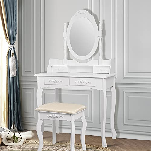 ML-Design Tavolo Cosmetico da Trucco Toletta Bianca con Sgabello Confortevole in Ecopelle con Specchio e 4 Cassetti 75 x 140 x 40 cm Tavolino Make-up per Signore e Ragazze in Legno MDF