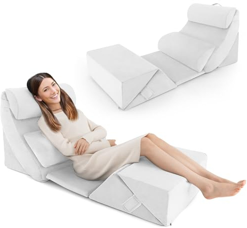 COSTWAY 7PCS Bed Wedge Pillows Set, Adjustable Memory Foam Incline Cushion with Headrest & Leg Elevation, Orthopedic Bed Back Support Pillow for Post Surgery, Reading, Acid Reflux, Pain Relief (White)