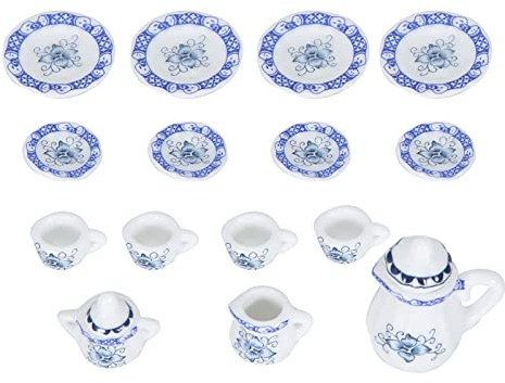 Mini Service à thé, Accessoires Miniatures pour Maison de Poupée, Service à thé en Porcelaine, 15 Pièces, Théière à Fleurs, Tasses, Assiettes, Collection de Décoration, (Bleu et