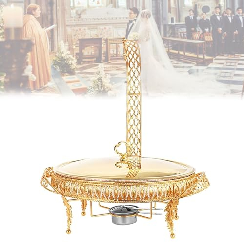 3L Buffet Warming Tray Set, Golden Glass Heating Container with Hanging Lid, Buffet Fondue Warming Utensil Set with Fuel Stove, Round Buffet Warmers, for Party Hotel Family Dinners Banquet Event