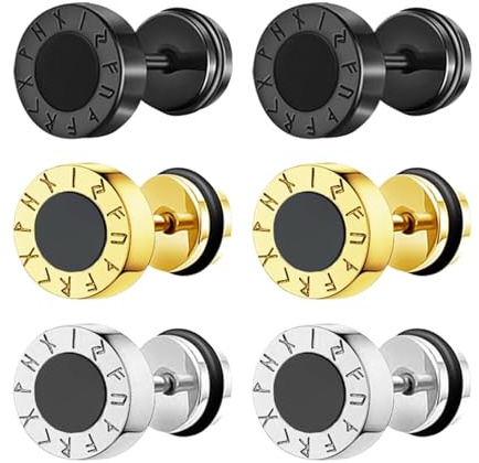 Flongo Pendientes Hombre Vikingos Falso: Aretes Brújula Nórdica Rune Fake Plug Stud Acero Inoxidable - Regalo Hombre Mujer Navidad 3 Pares Negro Oro Plata Estilo 4