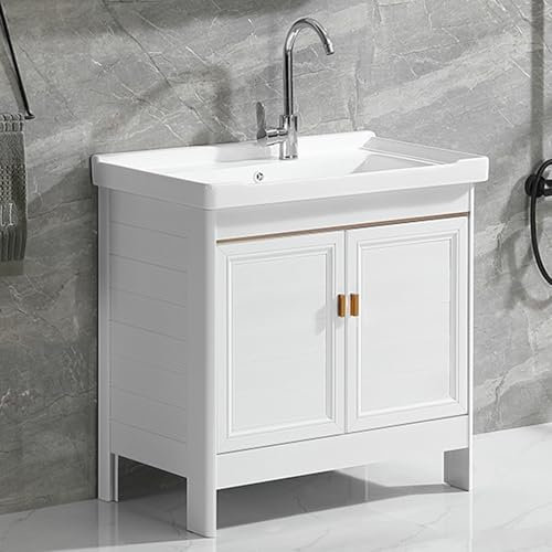 Mobile Bagno A Terra, Mobile Bagno con Lavabo in Ceramica, Lavabo Piccolo per Lavabo, con Rubinetto per Tubo Dell'Acqua Calda E Fredda, per Bagno, Piccolo Spazio, Bianca(70cm/27.5in)