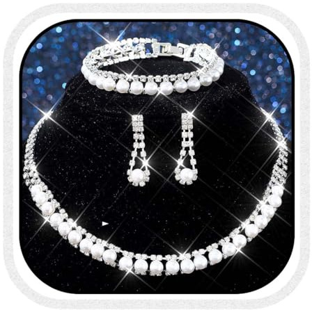 Reaky Pearl Necklace and Earrings Set Silver Rhinestone Jewelry Sparkly Bridal Wedding Accessories for Women