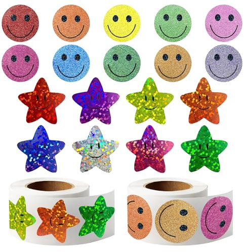 RAORAOYUE 1000 Pcs Smiley Face Stickers for Kids, Happy Face Stickers | Shiny Glitter Smiley Star Reward Sticker for Student Planner and School Classroom Teacher Supplies