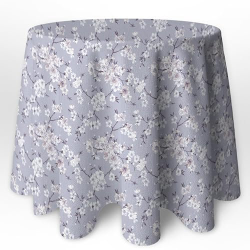 LaFábricadelasTelas - Falda o Ropa de Mesa Camilla Redonda Flores Almendro Beige y Gris. Primavera Verano Loneta Estampada algodón, Faldón Faldilla enagüilla 60-70-80-90-100 (Gris, 100 Redonda)