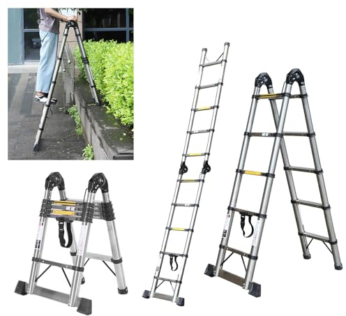 JADDUO Échelle Télescopique en Aluminium 3.2 m (1.6 m + 1.6 m) avec Stabilisateur et Roues Capacité 150 kg Idéale pour Nettoyage Gouttières et Réparations Extérieures