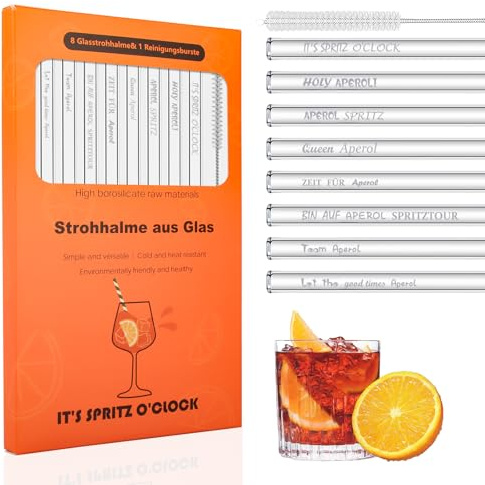 Lot de 8 Paille en Verre Aperol Spritz Transparente avec Brosses, 20cm Paille Bubble Tea Réutilisables, pour Smoothies, Cocktails, Jus, Coffret cadeau pour les amateurs d'aperol